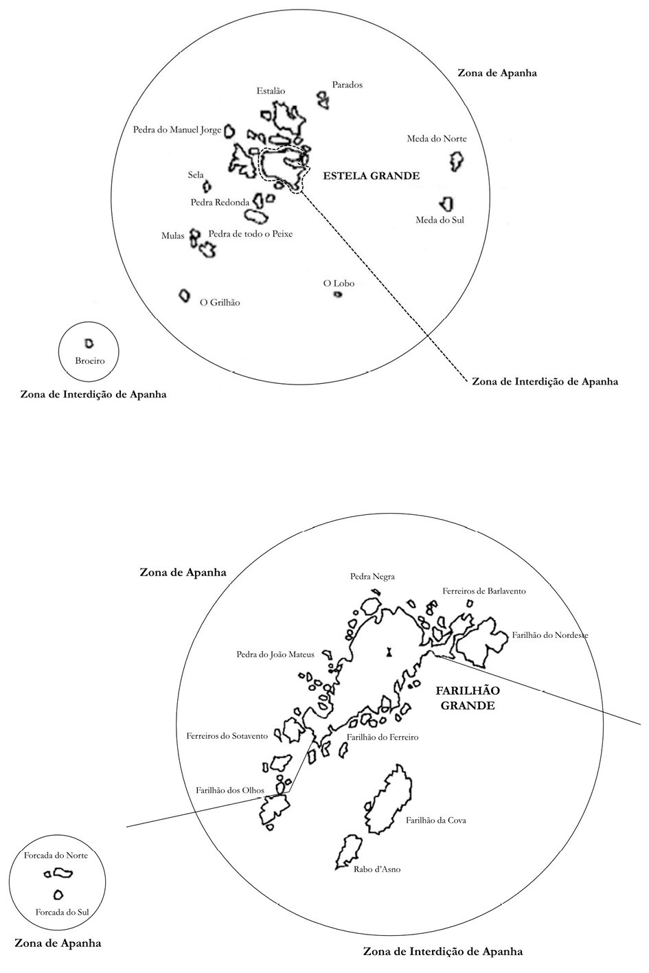 Mapa de zonas de apanha e interdição